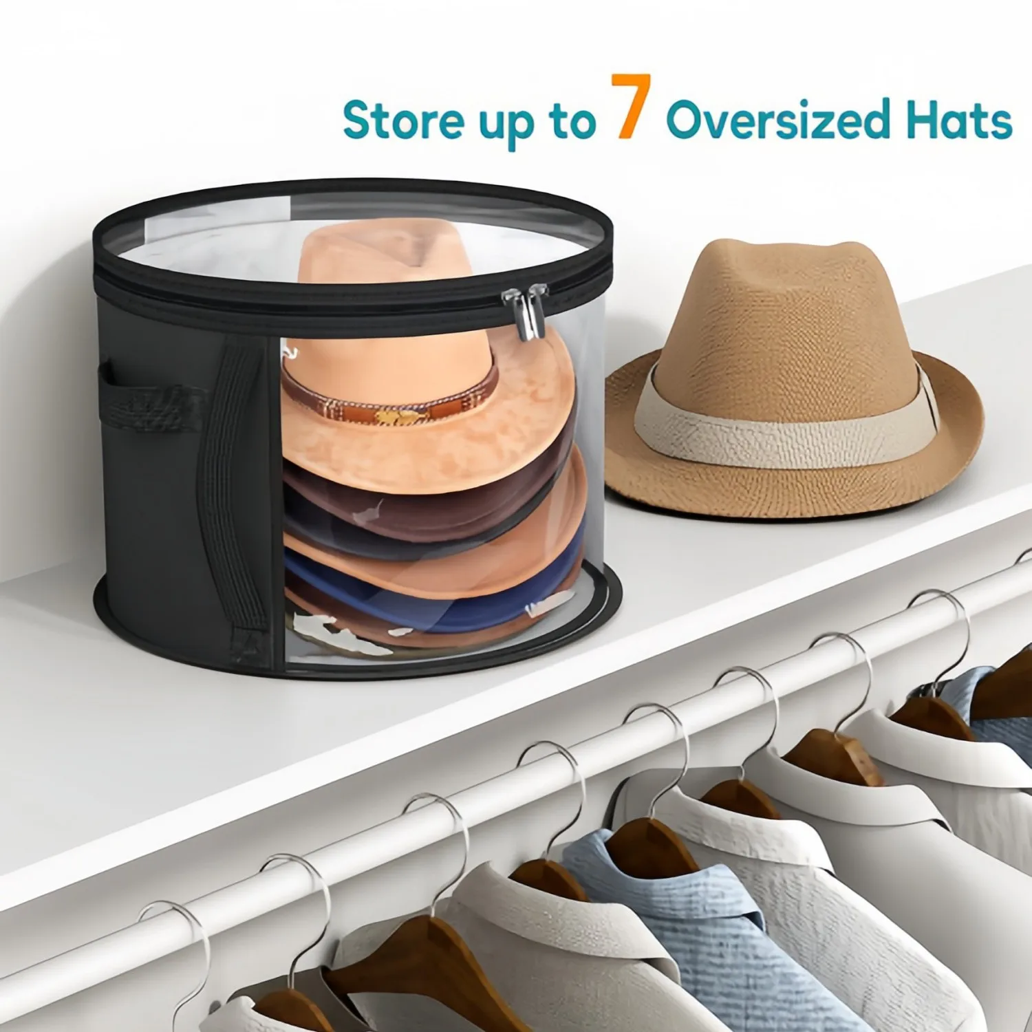 Hat Storage Bucket, Clothing Hat Travel Organizer, Foldable Round Brim Hat Storage Bag with Handle and Clear Window