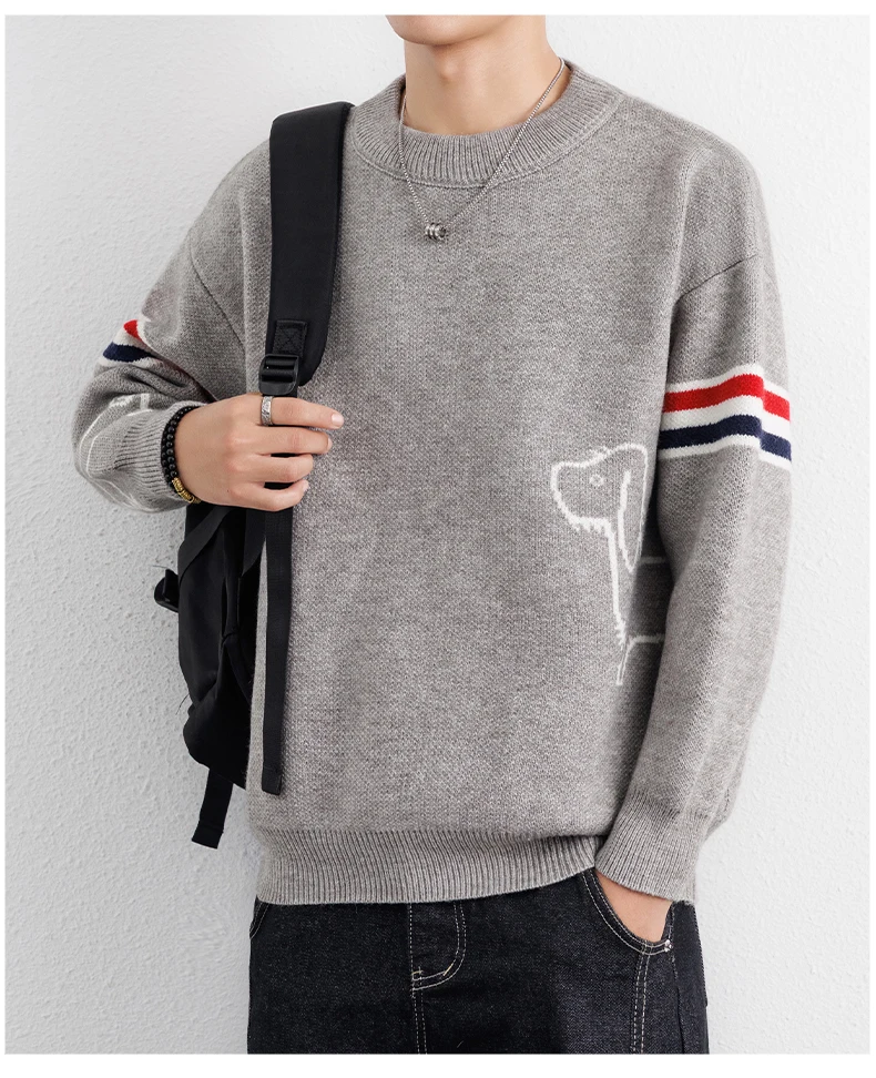 High-End-Marke Pullover Herren Herbst Winter Neue süße Welpen Druck Mode gestreifte Knopf Design Freizeit Komfort Warm Rundhalsstrik Sweater – Detail 7
