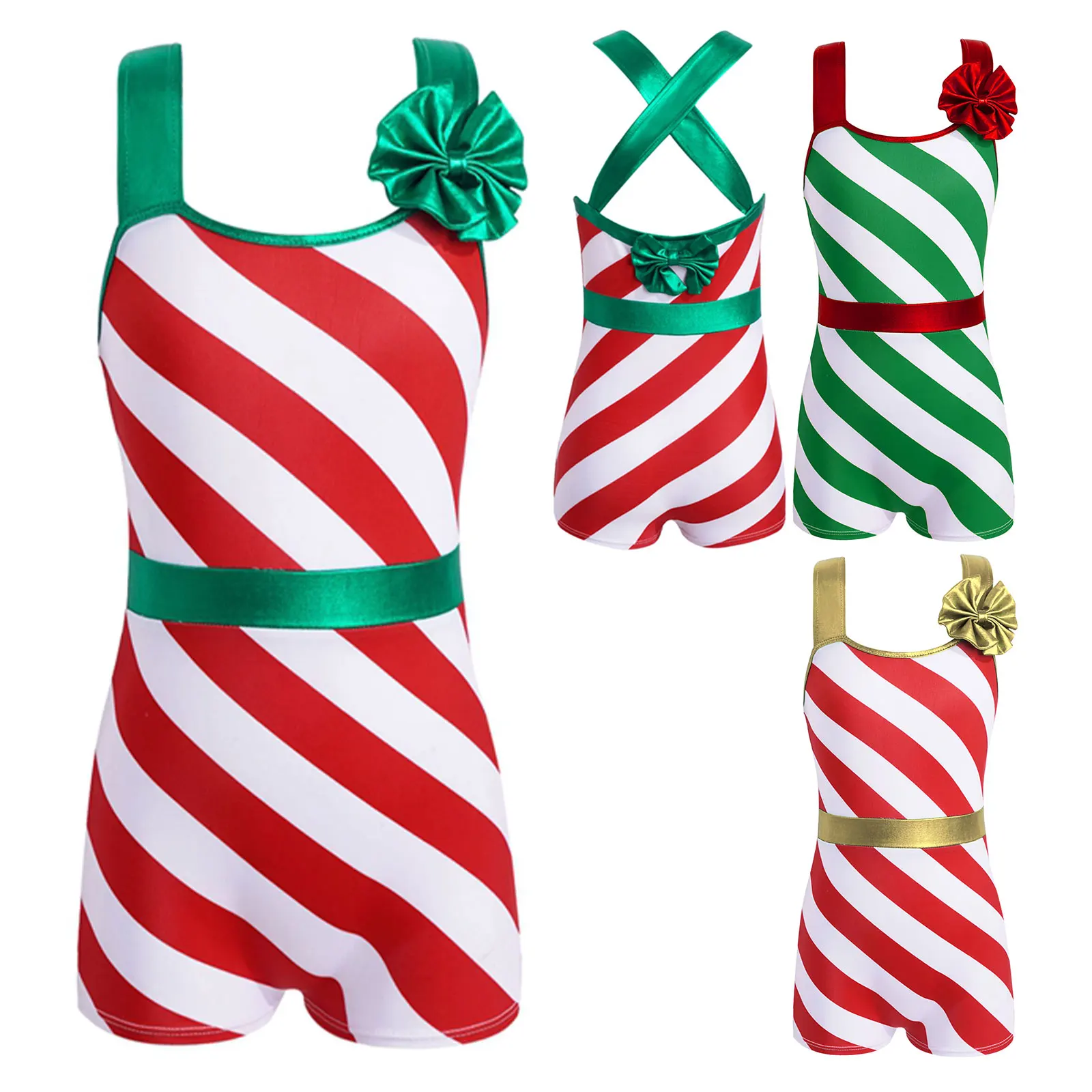 Kids Girls Christmas Costume Candy Cane Striped Leotard Gymnastics Unitard Dance Bodysuit Xmas Festival Carnival Fancy Dress Up