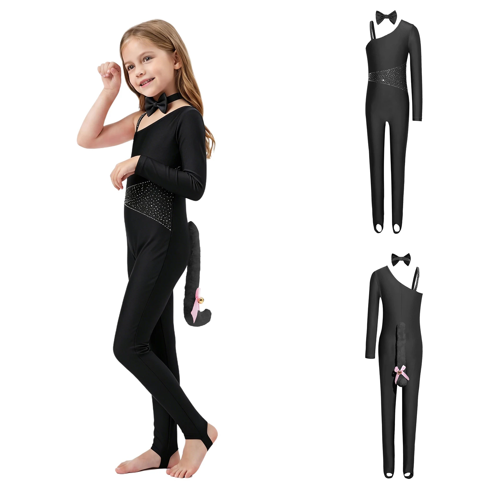 

Girls Cosplay Costume Cat Leotard Rhinestone with Tail Long Pants Jumpsuit Bowtie Neckwear Sparkly Stretchy Halloween Cosplay
