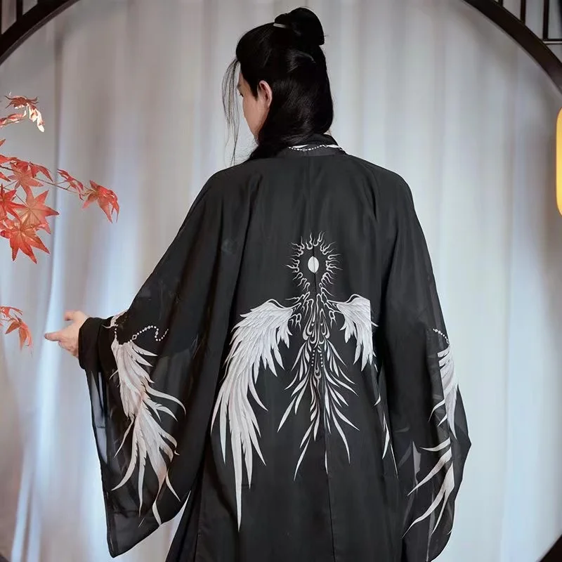 Chinês Hanfu Traje Tradicional Para Homens, Período Imortal, Colarinho Cruz, Comprimento Da Cintura, Impressão Chiffon, Conjunto De Vestido Bordado, Hanfu