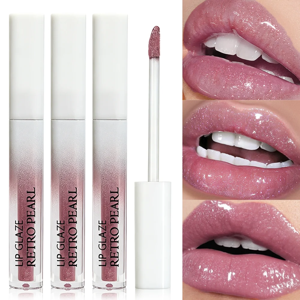 JUJU DREAM Retro Pearl Lip Gloss Nude Pink Shimmer Glitter Liquid Lipstick Plumping Hydrating Long Lasting Tint Lip Makeup
