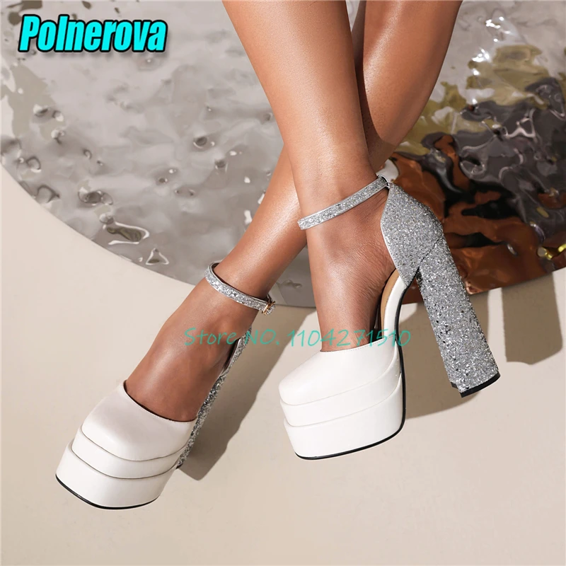 Shiny Glitter Mixed Colors Chunky Platform Sandals Women's Square Toe Block Heel Ankle Buckle Super High Heels Pumps Large Size