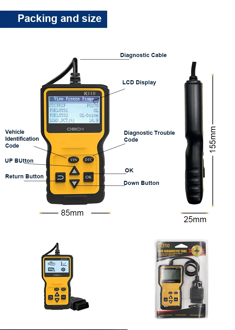 V310B Handheld Full-featured Vehicle Tool Checks Fault Code ELM 327 Screen Display Car Scanner Limited Time Discount