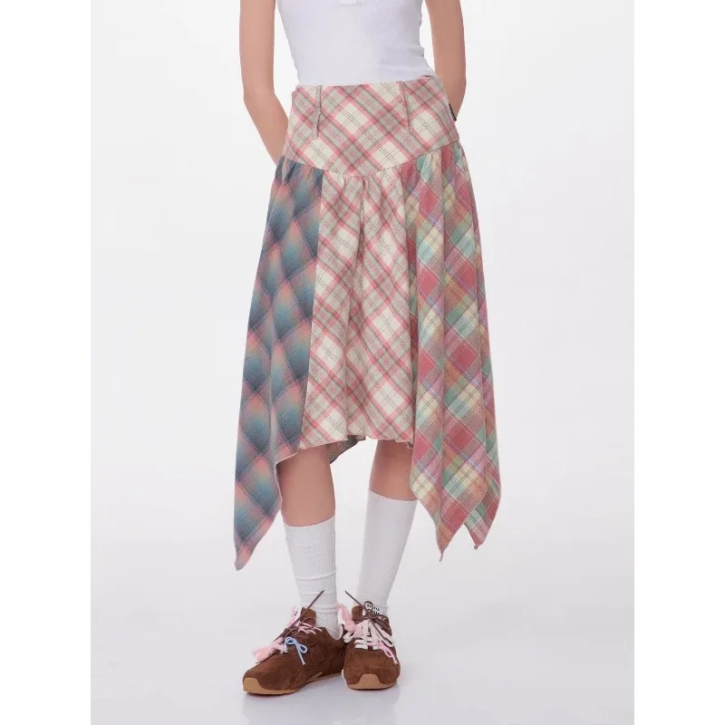 American Retro Half-body Skirt Women Summer Splicing Plaid High Waist Mid-length Skirt Irregular Teenage Girls Y2K Casual Skirts