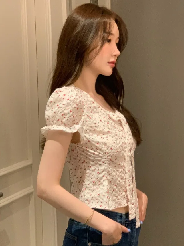 Blus Sifon Wanita V-Ne Bubble Sve Ort Irt Retro Chic Atasan Musim Panas Bersabuk Slim Fit Fre Sle Bubble Sve Irt