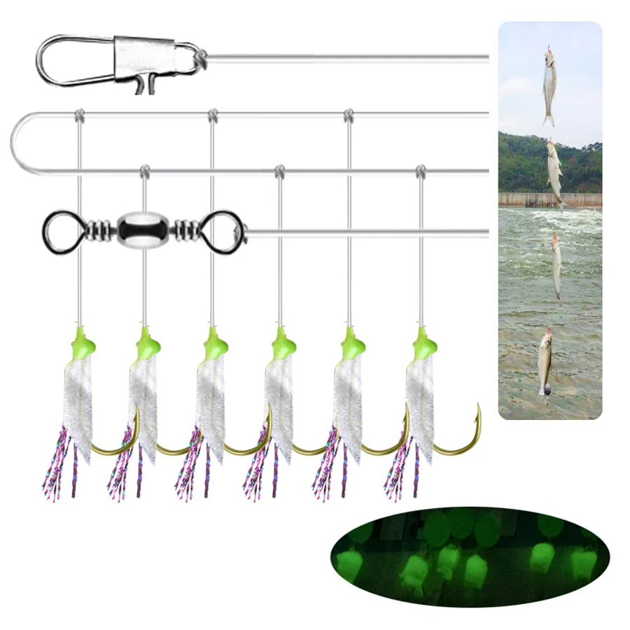 

1 Bag Luminous Fishhooks Luminous Fish Skin Fishy Sabiki Soft Fishing 8# 12# 10# 15# 18# Fishing String Hooks During Dark Night