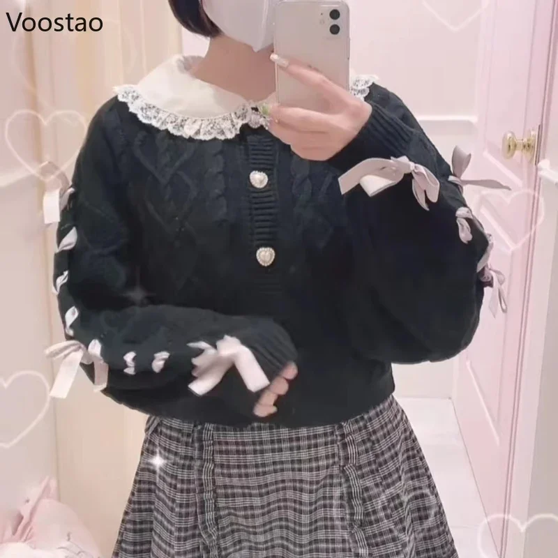 Giapponese dolce stile Lolita Cardigan lavorato a maglia donna Casual manica lunga nastro cuori bottone maglione cappotto femminile Y2k maglieria top