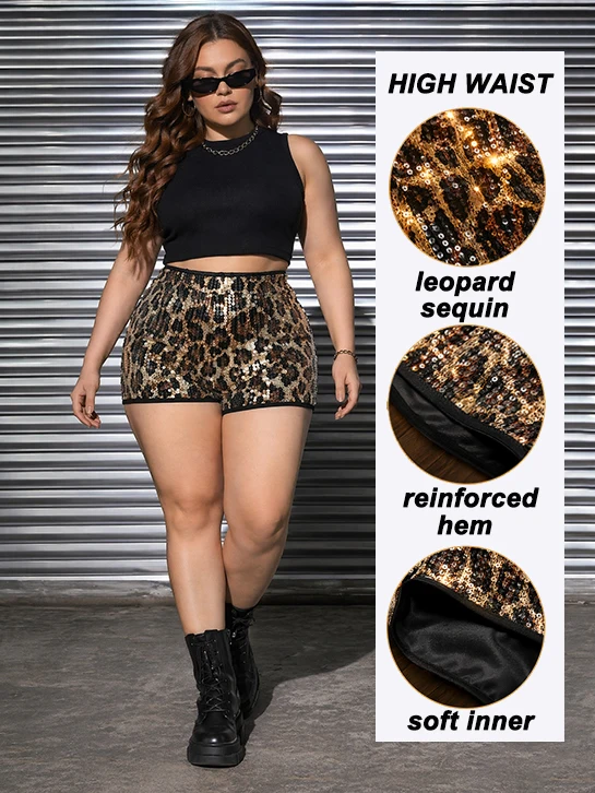 

Plus Shorts Women's Glitter Sequin Leopard Shorts Women's Cheetah-Print Micro Shorts, Leopard Y2K Mini Rave Outfits