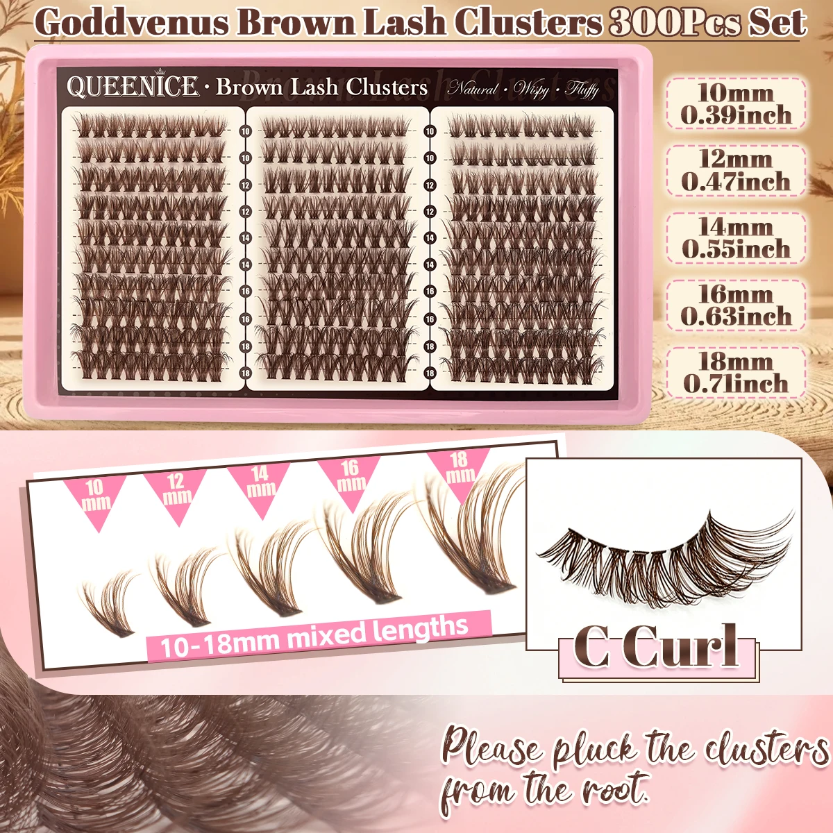 QUEENICE Weiches Braunes Wimpern-Cluster-Set, Gemischte Längen 10-18mm, Natürliches Volumen, Flauschige Manga-Wimpern, Hohe Kapazität, Hochzeitsgeschenk für Damen – Detail 2