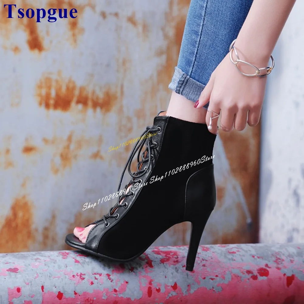 

Cross Tied Black Splicing Roman Sandal Boots Thin High Heel Women Shoes Lace Up Peep Toe 2024 Fashionable Zapatos Para Mujere