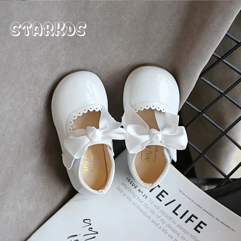Classic Satin Silk Bowknot Ballet Flats For Baby Girls Round Toe Patent Leather Mary Janes Toddler Child Sweet Brogue Dress Shoe