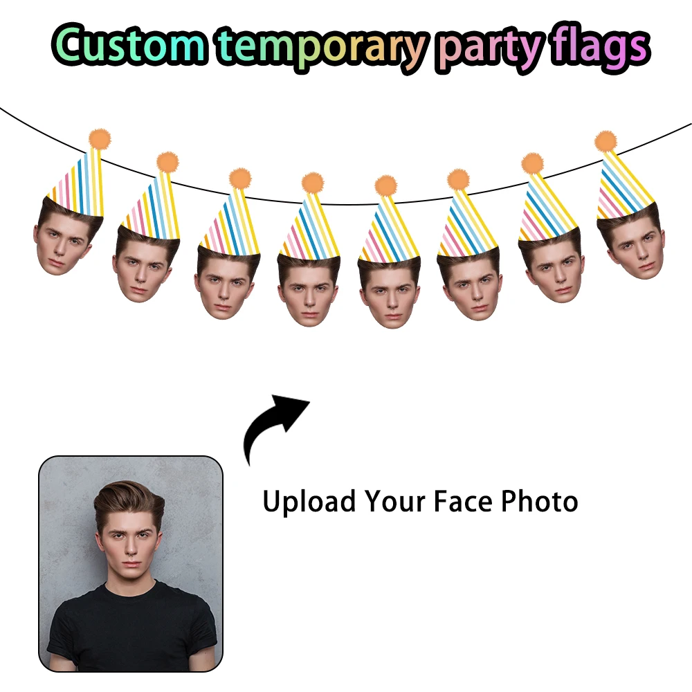 8PCS Papier Benutzerdefinierte Gesicht Banner Bunte Gestreifte Dreieckige Geburtstag Hut Kreative Individuelle Banner Geburtstag Party DIY Dekor Liefert