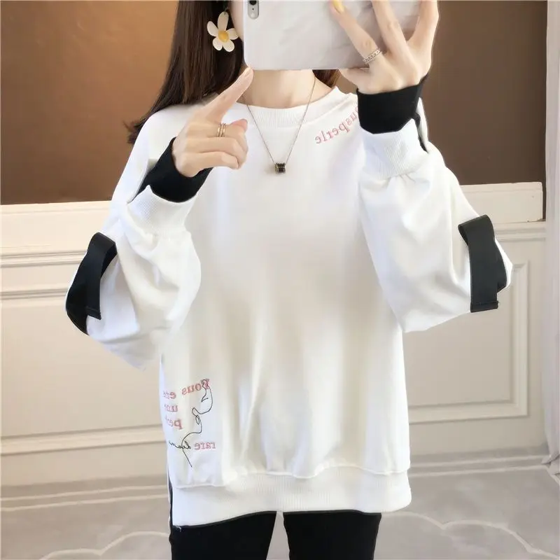 Street Casual Fake Two Piece Loose Hoodies Sweatshirts Spring Autumn O-neck Long Sleeve Pullovers Fashion Vintage Women Clothing