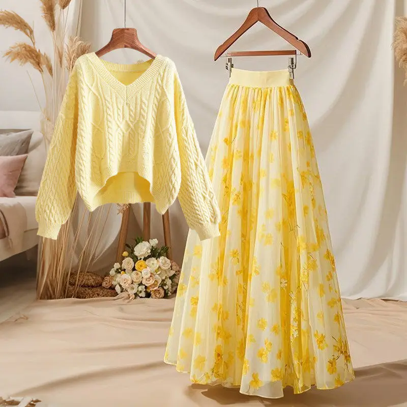 

Women's Spring Autumn Knitted Sweater Floral f Skirt Two Piece Set V Ne Long Sve Casual Sle Loose Fit Faion Ensemble