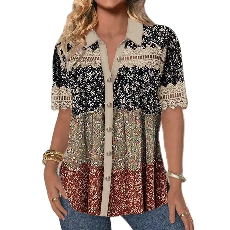 

Women Vintage Ethnic Style Print Shirt Elegant Hollow Out Splicing Lace Short Sleeve Blouse Lapel Single-breasted Cardigan Tops