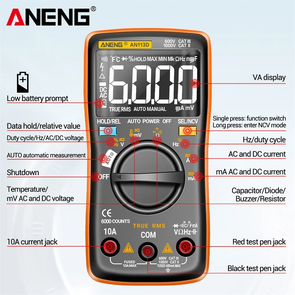 ANENG AN113D Digital Multimeter 6000 Counts AC DC Voltage Current Detector True RMS Auto Ranging LCD Meters Household Portable