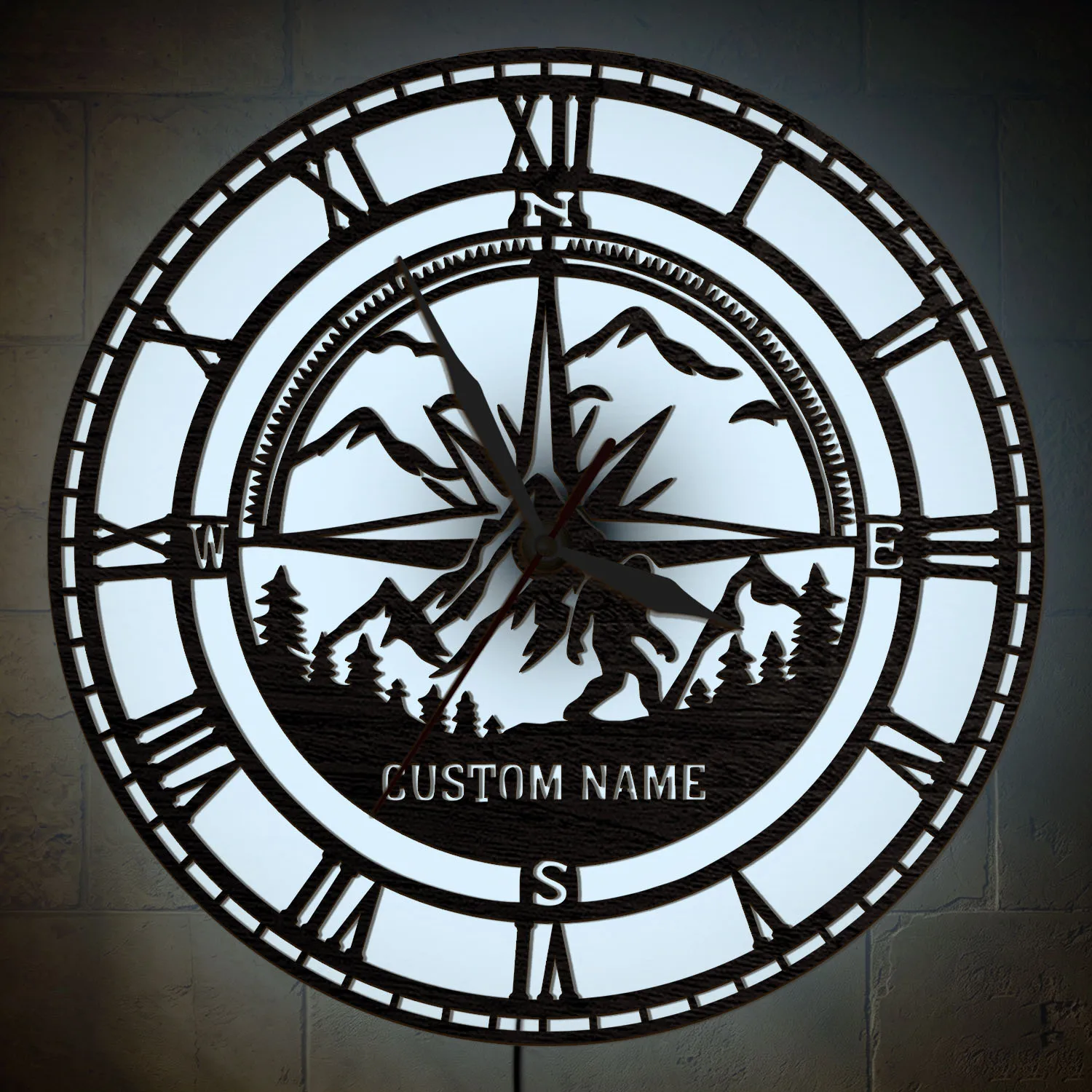 Custom Name Compass Bigfoot Mountain LED Wall Clock RGB Color Changing Night Light Wall Clock Wilderness Adventure Home Decor
