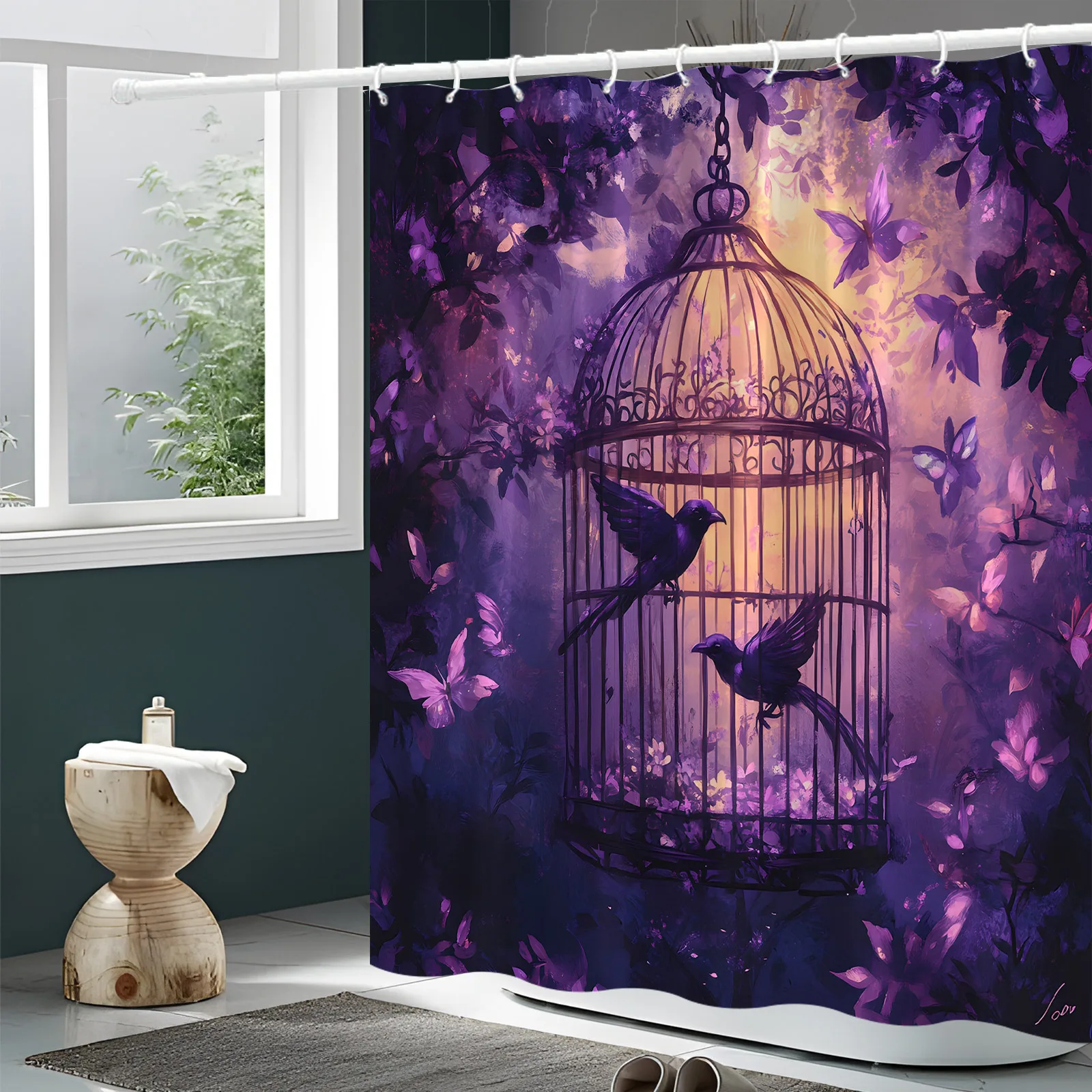 

1pc purple garden birdcage shower curtain, dream garden with butterflies at dusk, with 12 hooks.