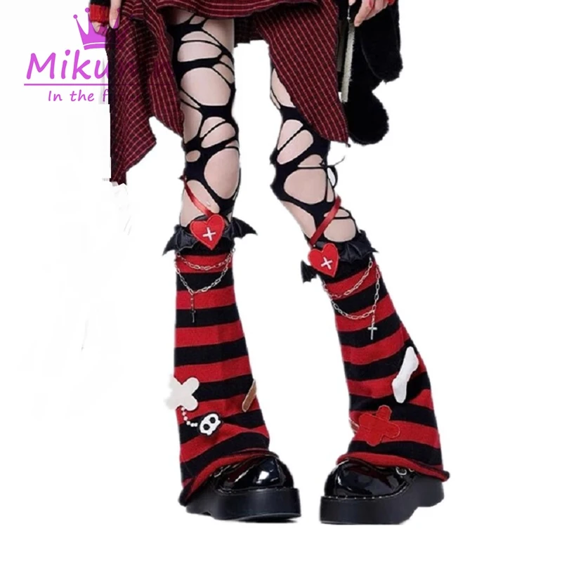 Harajuku Gothic Bat Wings Black Red Striped Leg Warmer Socks Y2k Girls Punk Rock Cross Love Heart Bone Chain Knitted Leg Cover