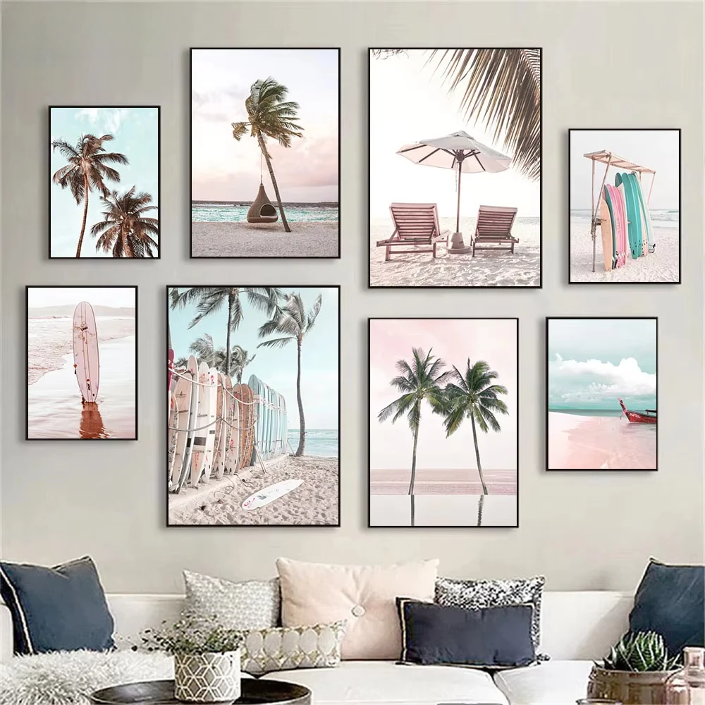 Sea Star Shell Surfing Girl Painting Beach Palm Tree Surfboard Canvas Printing Pink Car Flamingo Wall Art Poster Home Decoration