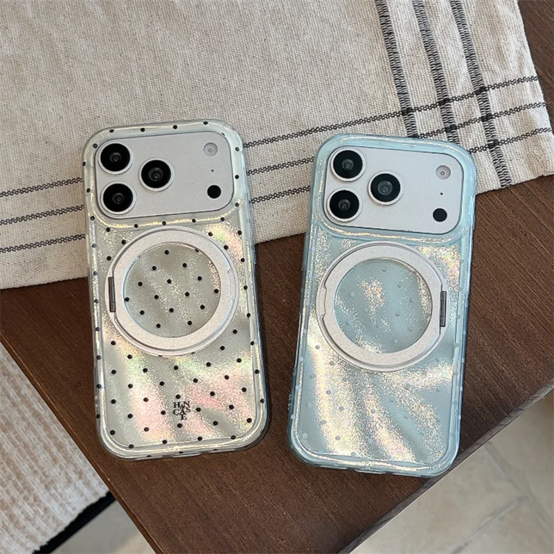 

Luxury Polka Dot Ring Stand Holographic Phone Case For iPhone 15 16 17 Pro Max Shockproof Protective Cover