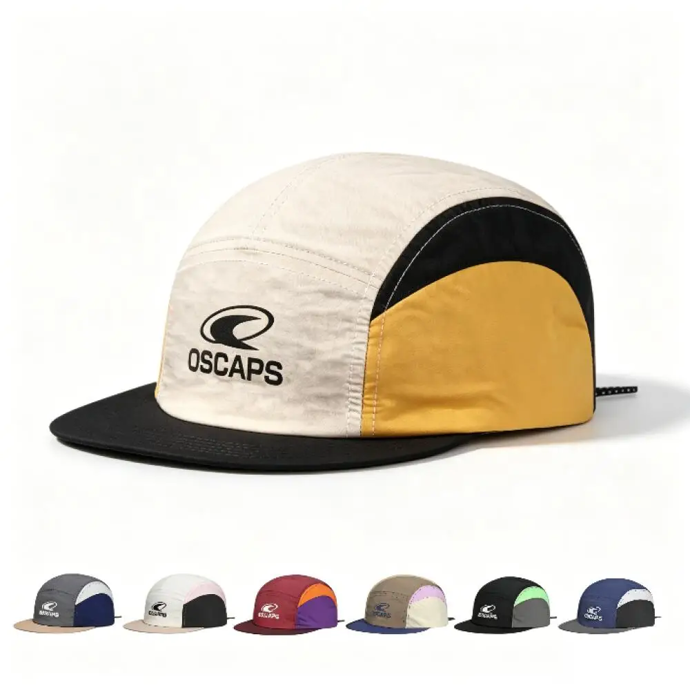 5-Panel-Baseballkappe mit flachem Schirm, Farbblock-Design mit Buchstaben-Aufdruck, schnelltrocknende Mesh-Mütze für Herren und Damen, Outdoor-Radfahren, Freizeit-Kopfbedeckung