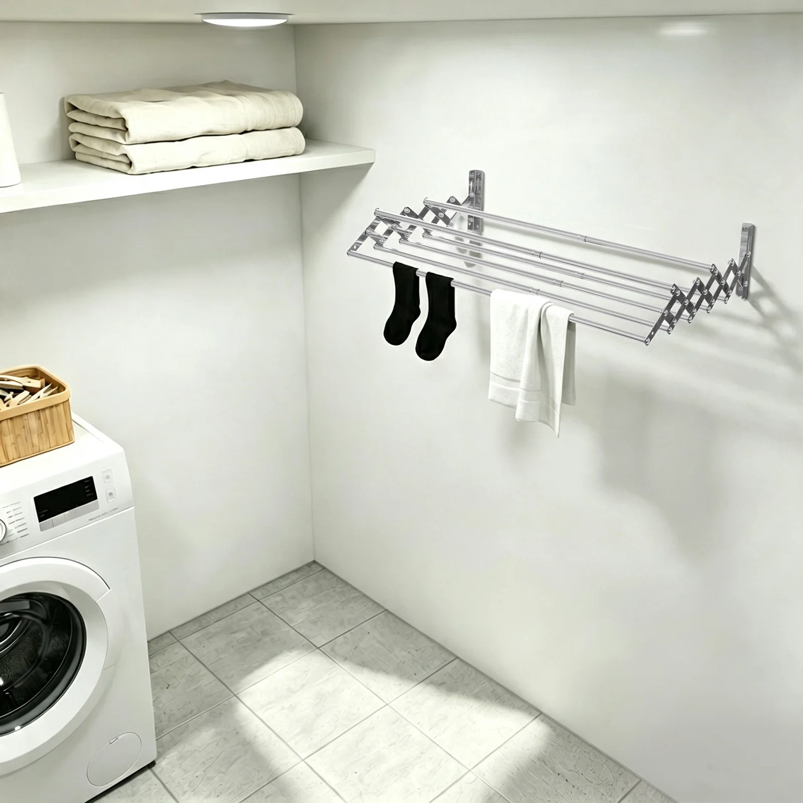 Foldable Wall Clothes Drying Rack, 7 Extendable Rods Stainless Steel, Heavy Duty Laundry Hanger for Balcony, Bathroom, Closet Organizer