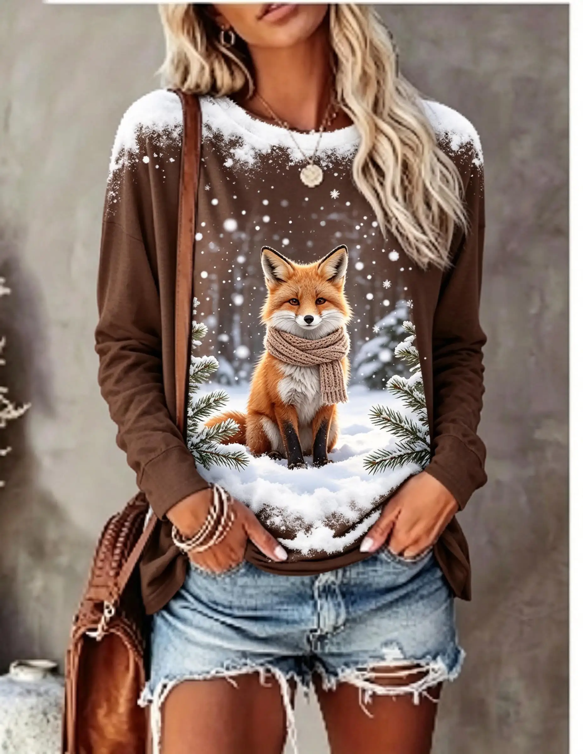 Women Long Sleeve T Shirt Winter Snow Fox With Scarf Pine Tree Snowflake Print Crew Neck Fall Tops