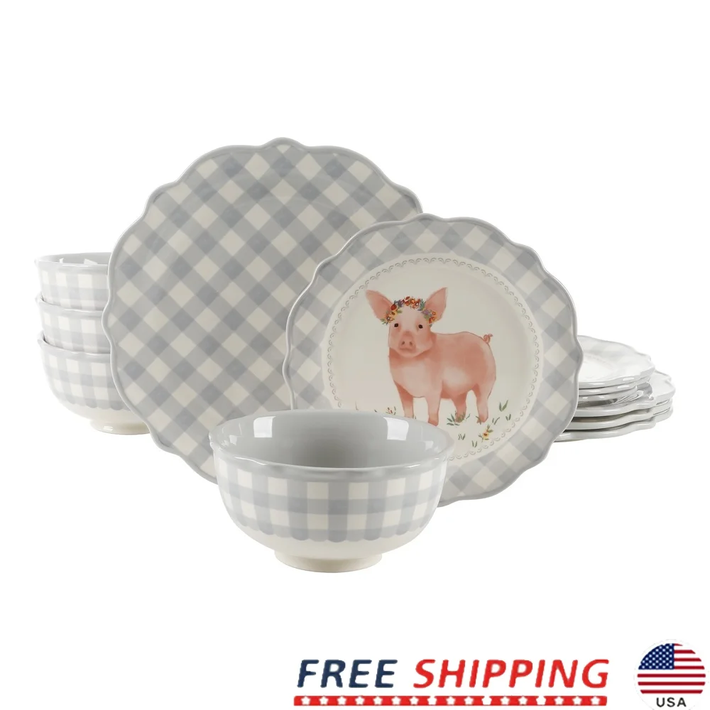 

Elegant 12-Piece Dinnerware Set Four Scalloped Edges Microwave Safe Dishwasher Safe Durable Ceramic Gingham Design Kitchen