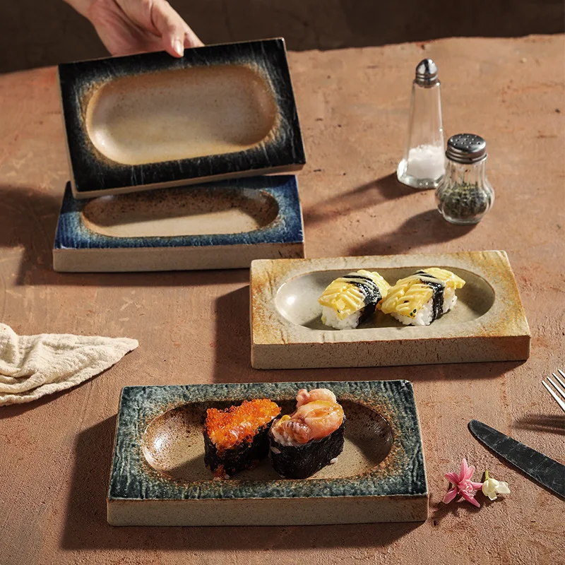 

Прямоугольная тарелка с плоской канавкой для смены печи, подглазурная керамическая посуда в стиле ретро, блюдо для отеля и ресторана