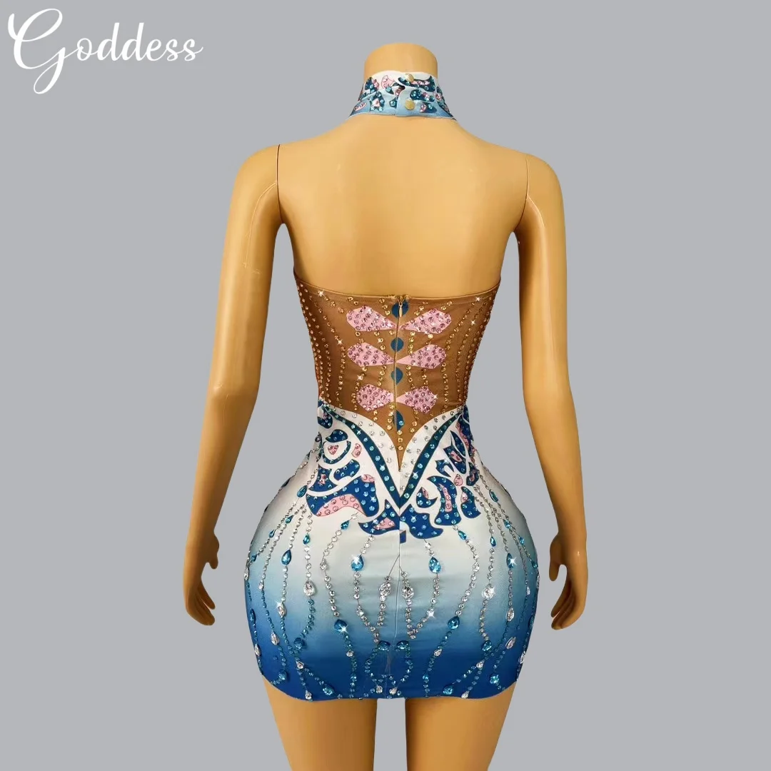 Blue Wrapped Butt Dress Hanging Neck Bareback Shining Rhinestone Dress Cocktail Party Banquet Evening Dress Performance Dress