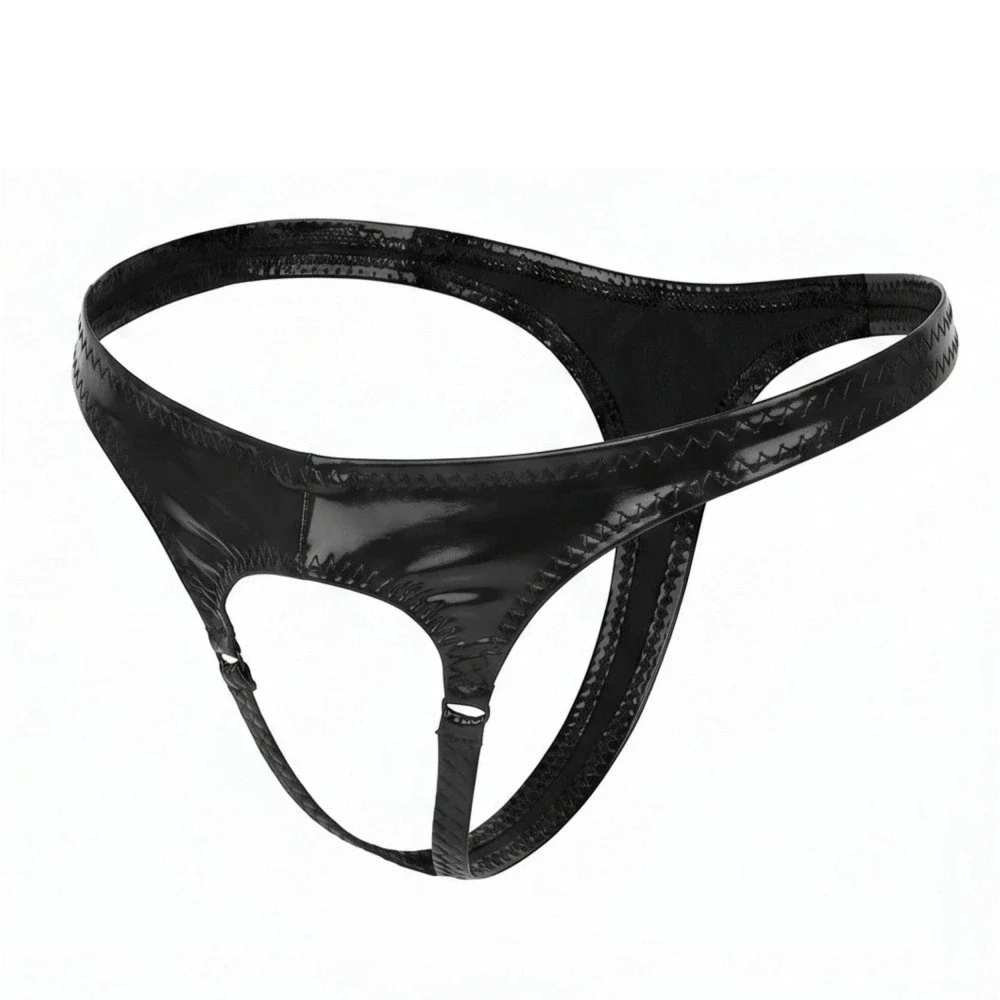 Men's Double Sides PU Briefs Cloth Latex Shiny Thong Low Waist Bandage Hollow Out T Crotch G-string Panties Plus Size Underwear