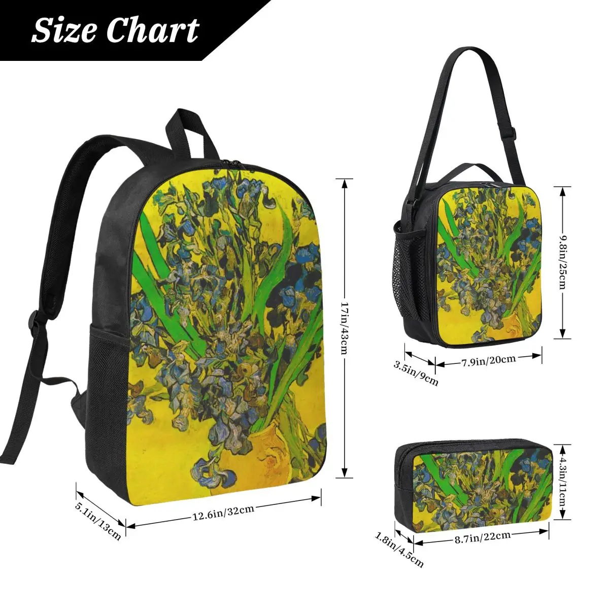 Vincent Van Gogh Irises Art Flowers Backpack BookBag School Bag Laptop Shoulder Bags 3ps Insulated Lunch Bag Pencil Case