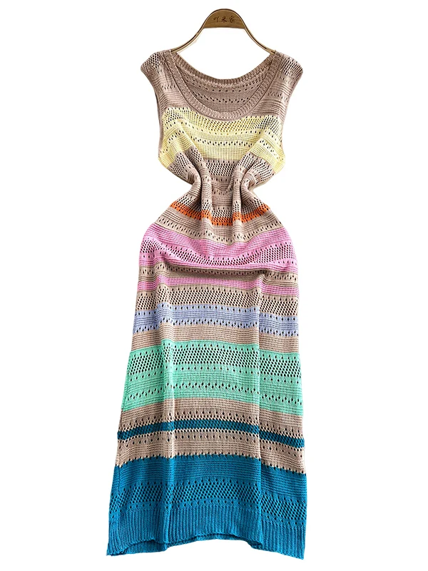 2025 novedad de verano vestido de punto sin mangas hueco vestido largo de estilo festivo para mujer Boho Beach