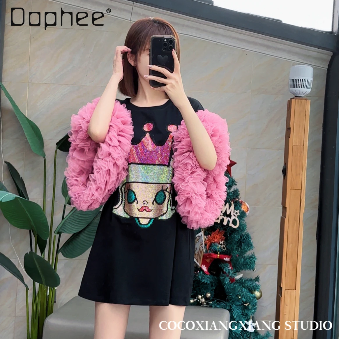 المد الساخن الماس الكرتون الصناعة الثقيلة منتفخ الأكمام شبكة خياطة فستان كبير الحجم لطيف فضفاض فساتين تي شيرت متوسطة وطويلة