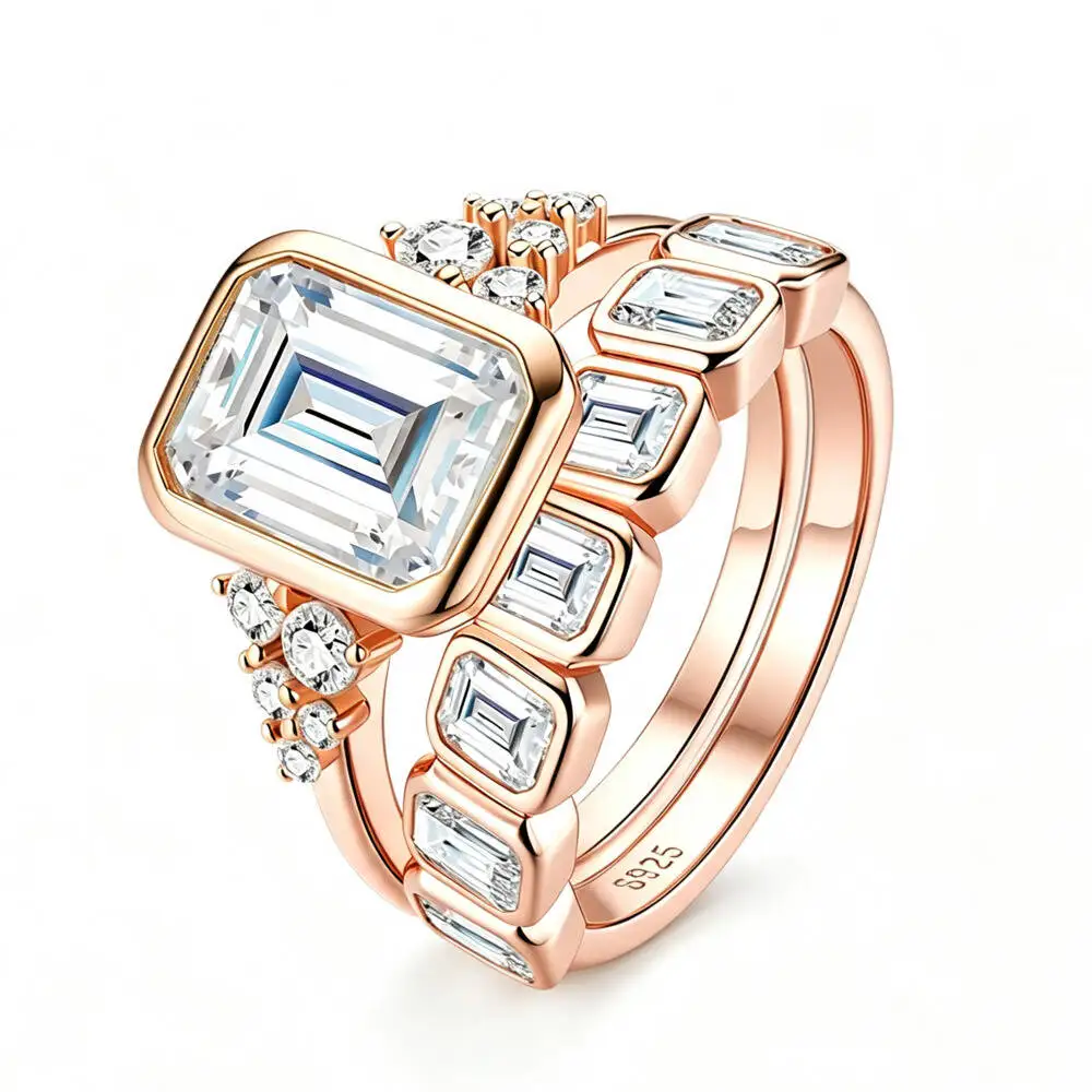 925 Silver Emerald Cut Bezel Stackable Ring Set D VVS1 Moissanite Multi Tone Luxury Three Stone Wedding Engagement Fine Jewelry