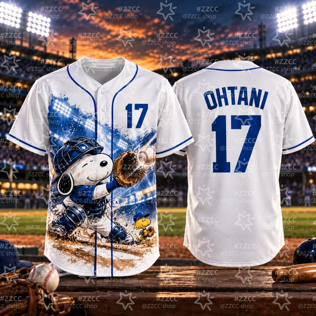 Men OHTANI #17 Baseball Jersey Snoopy Button Down Short Sleeve Shirt Cartoon Sport Fan Game Day Jersey Kids Tshirt Woman Tee ﻿ ﻿