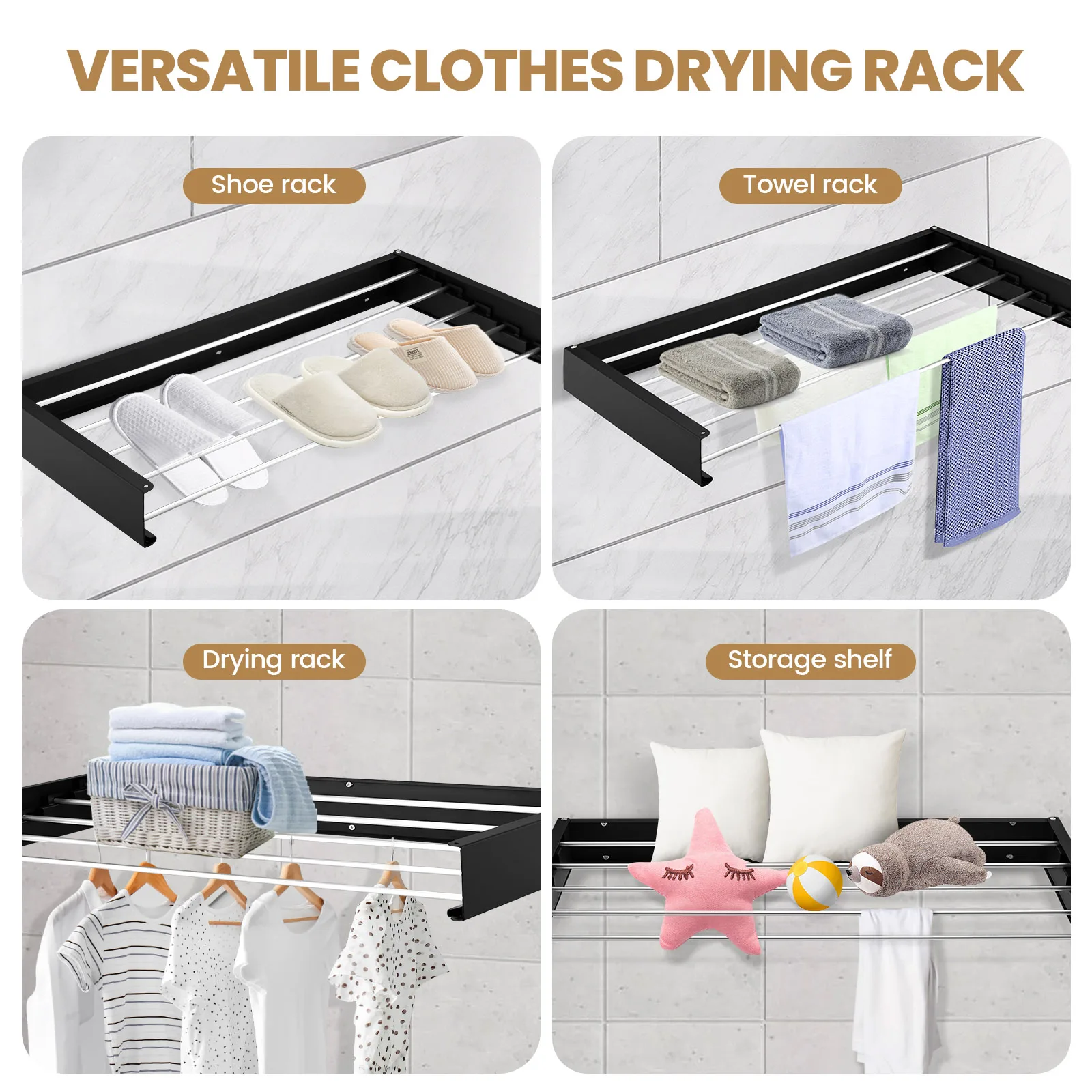 Fortable Cloth Towel Rack Black Movable Wall Mounted Bracket Adjustment Poles Stainless Steel Shower Rack Bathroom Accessories