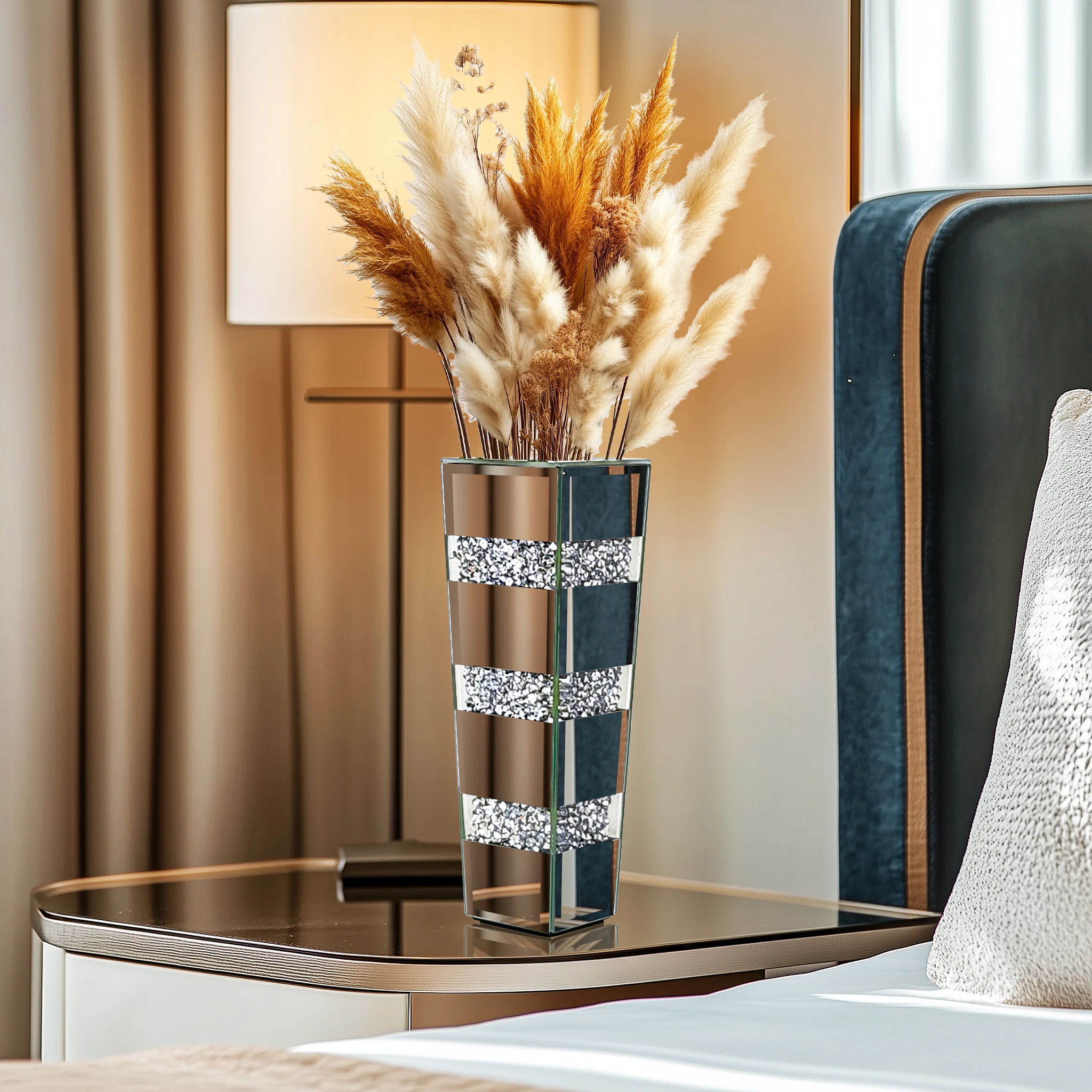 Verspiegelte hohe Bodenvase 7,5x10x30cm, Bodenvase mit Diamant-Optik, silberne dekorative hohe Vasen für luxuriöse Wohnraumdekoration, Wohnzimmer, Büro, Schlafzimmer, Küche, Hochzeitsdekorationen.