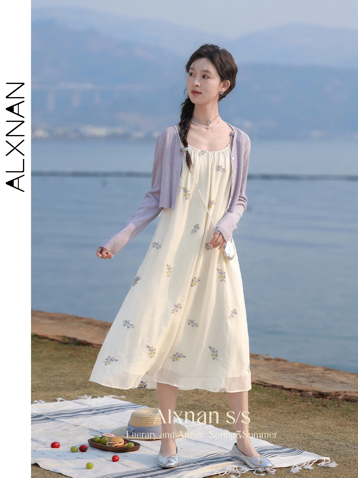 ALXNAN Frenchy Women Long Slip Dress 2024 Spring Summer Sundress Romantic Elegant Texture Embroidery Floral Midi Dresses L33770