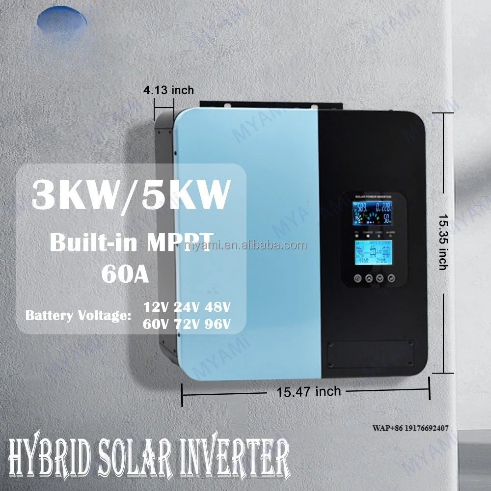 

MYAMi 5KW 60A Off-Grid MPPT Solar Power Inverter 24V 48V 60V 72V 96V DC to 220V AC Pure Sine Wave Hybrid Solar Inverter for Home