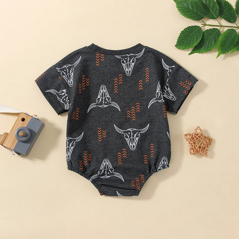 Baby Boy Romper Short Sleeve Crew Neck Bull Head Print Summer Bodysuit for Casual Daily