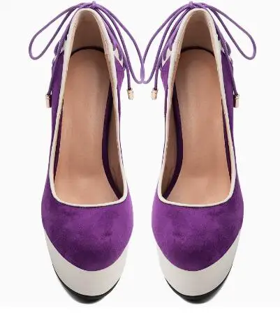 Cross Tied Back Lace Up Wedges Platform Pumps Women Purple Suede Patchwork Round Toe Shallow Slip On High Heel Dress Shoes