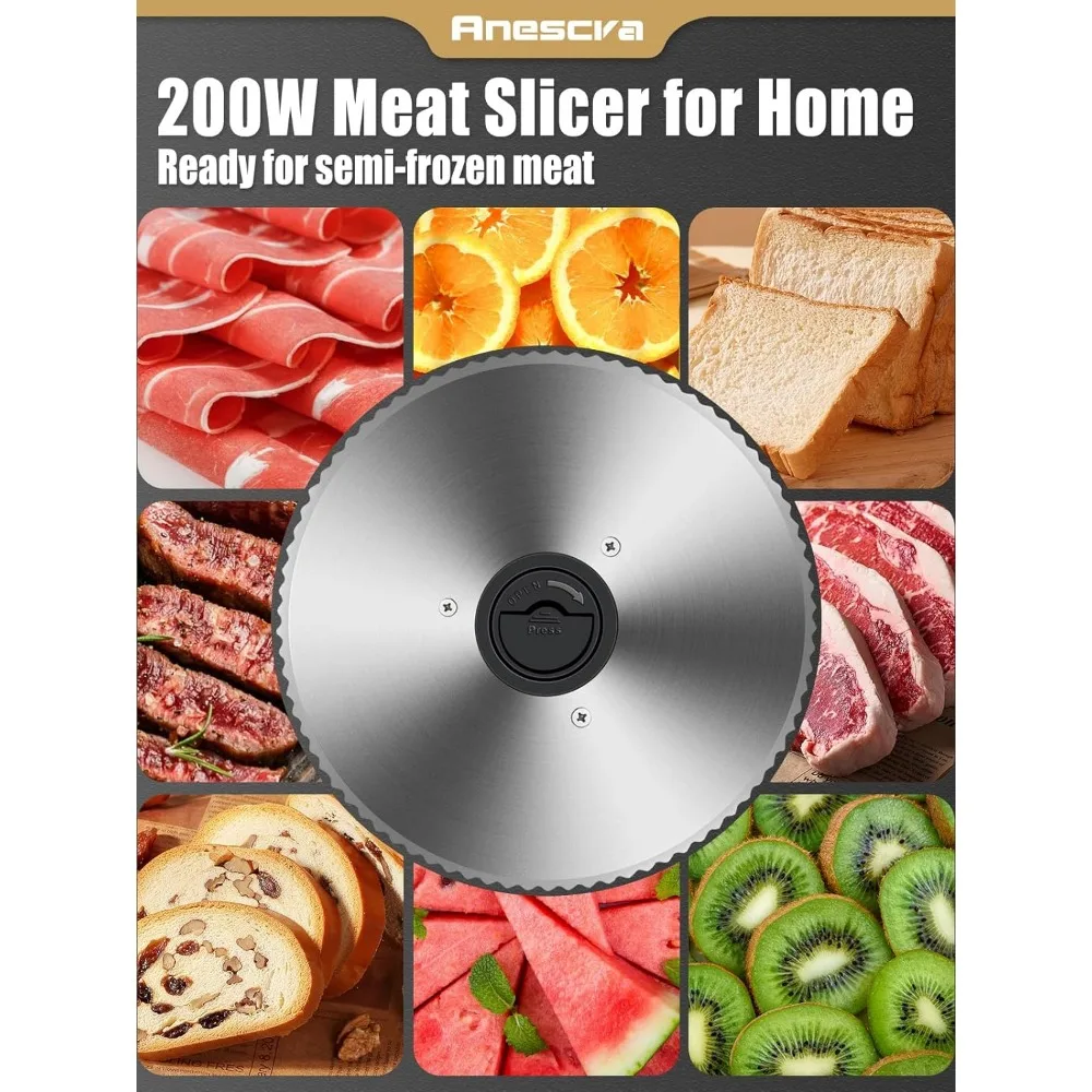 Meat Slicer, 200W Electric Deli Food Slicer with Removable 7.5’’ Stainless Steel Blade and Food Carriage, 0-15mm Adjustable