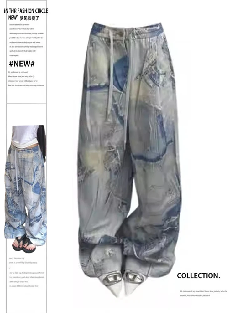 

Women's Y2K 2000s Wide Leg Baggy Denim Trouser Fashion Vintage Casual High Waist Pants High Street Tie Dye Straight Jeans