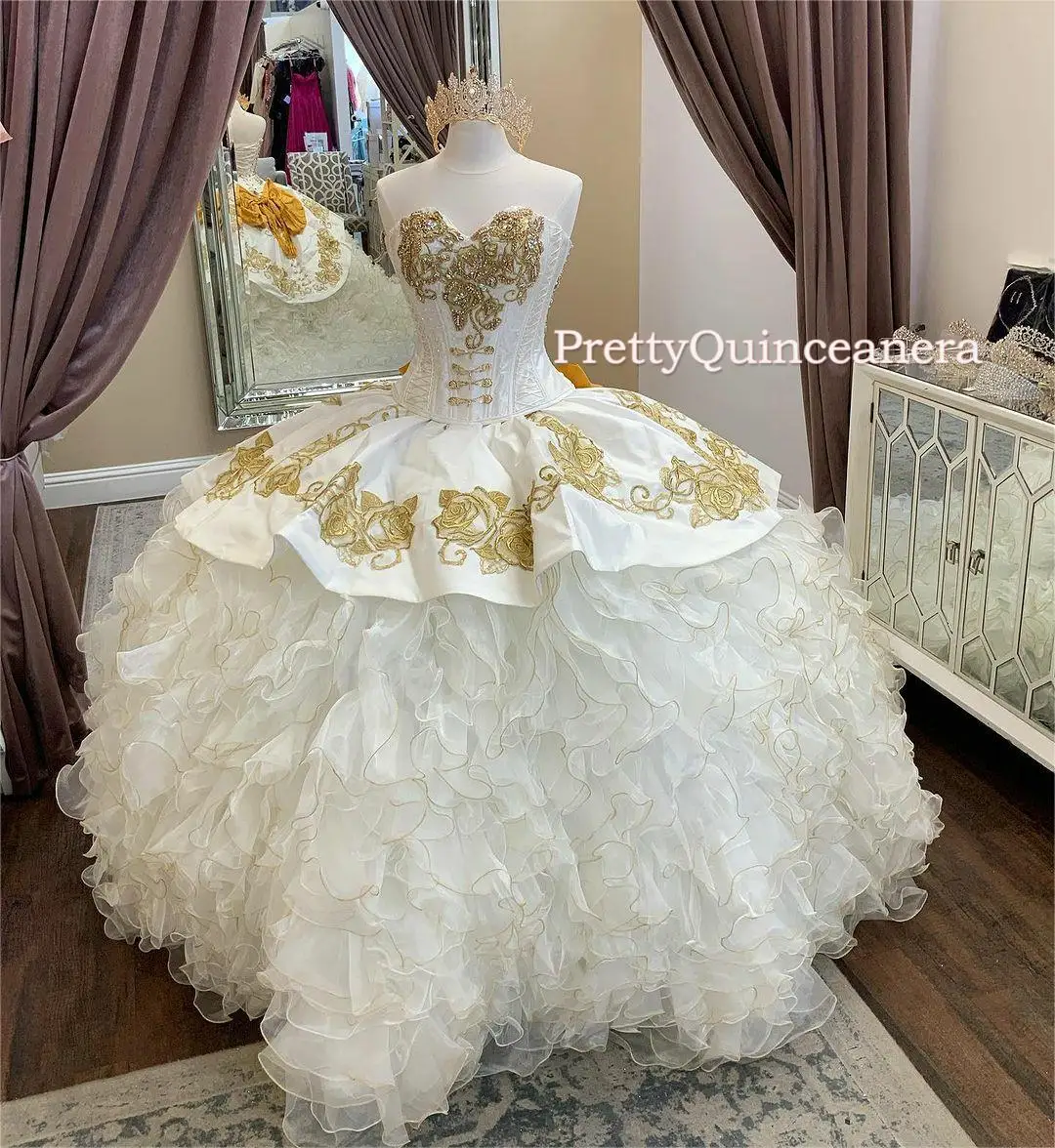 Charro Style Sweetheart Ivory Ruffles Quinceanera Ball Gown with Gold Embroidery and Bow for 15 Birthday Dress