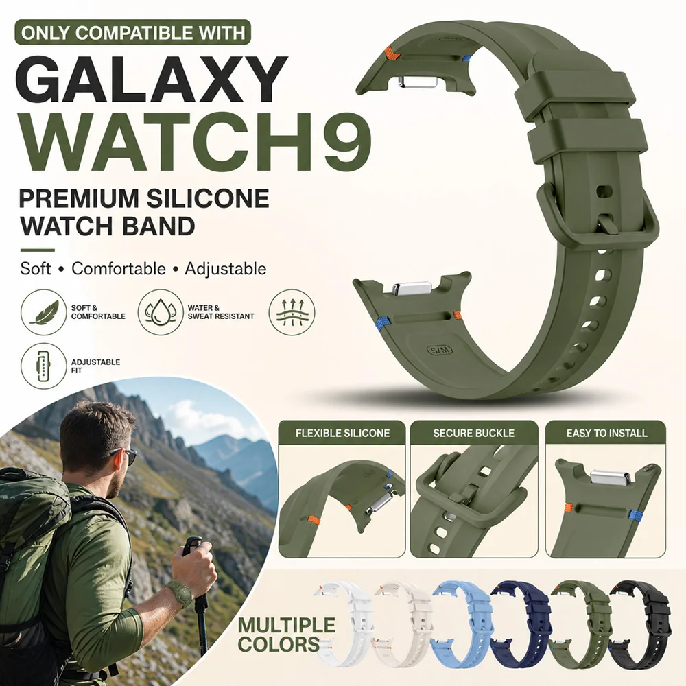 New Silicone Watch Strap for  Samsung Galaxy Watch 9 Durable Anti‑sweat Sport Replacement Band for Watch 8 Hiking Cycling Sports
