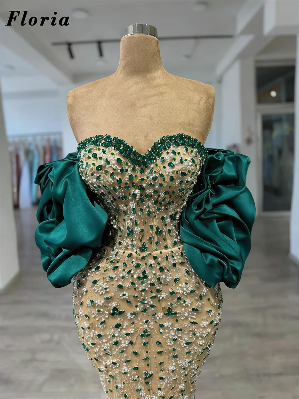 

2026 Fashionable Green Puffy Sleeves Prom Dresses Sweetheart Mermaid Evening Dress Beaded Wedding Party Gowns Vestidos De Cóctel