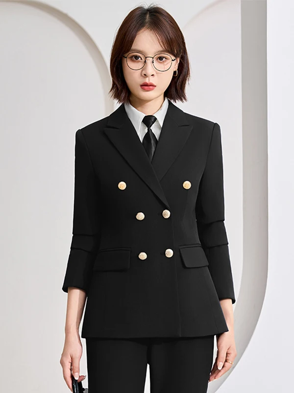 Business Commute Slim Fit Dark Blue Women's Suit Set Double Breasted Professional Feeling Polyester Fiber Office Workwear